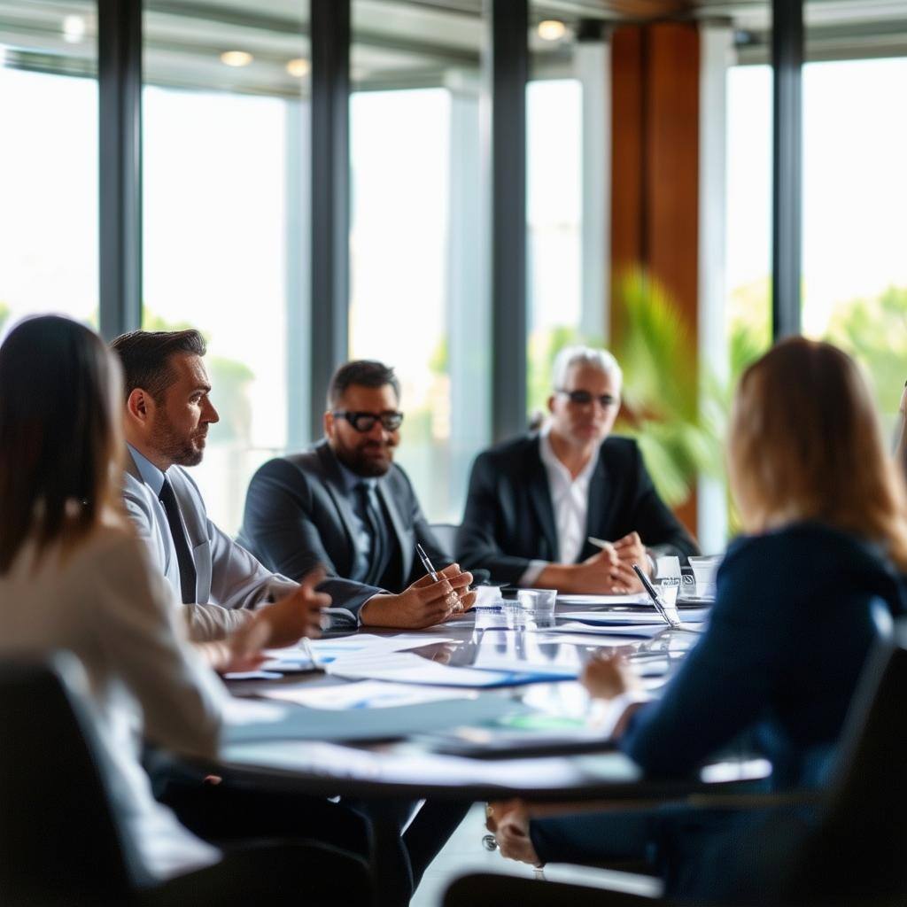 group of hotel managers sitting around a board table discussing financials